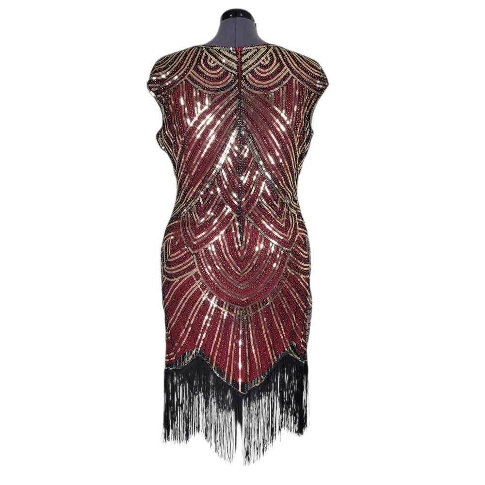 Fundaisy Dress Plus Size 3XL Red Black Mesh Gold Sequins Fringe Gatsby Flapper - Picture 6 of 11